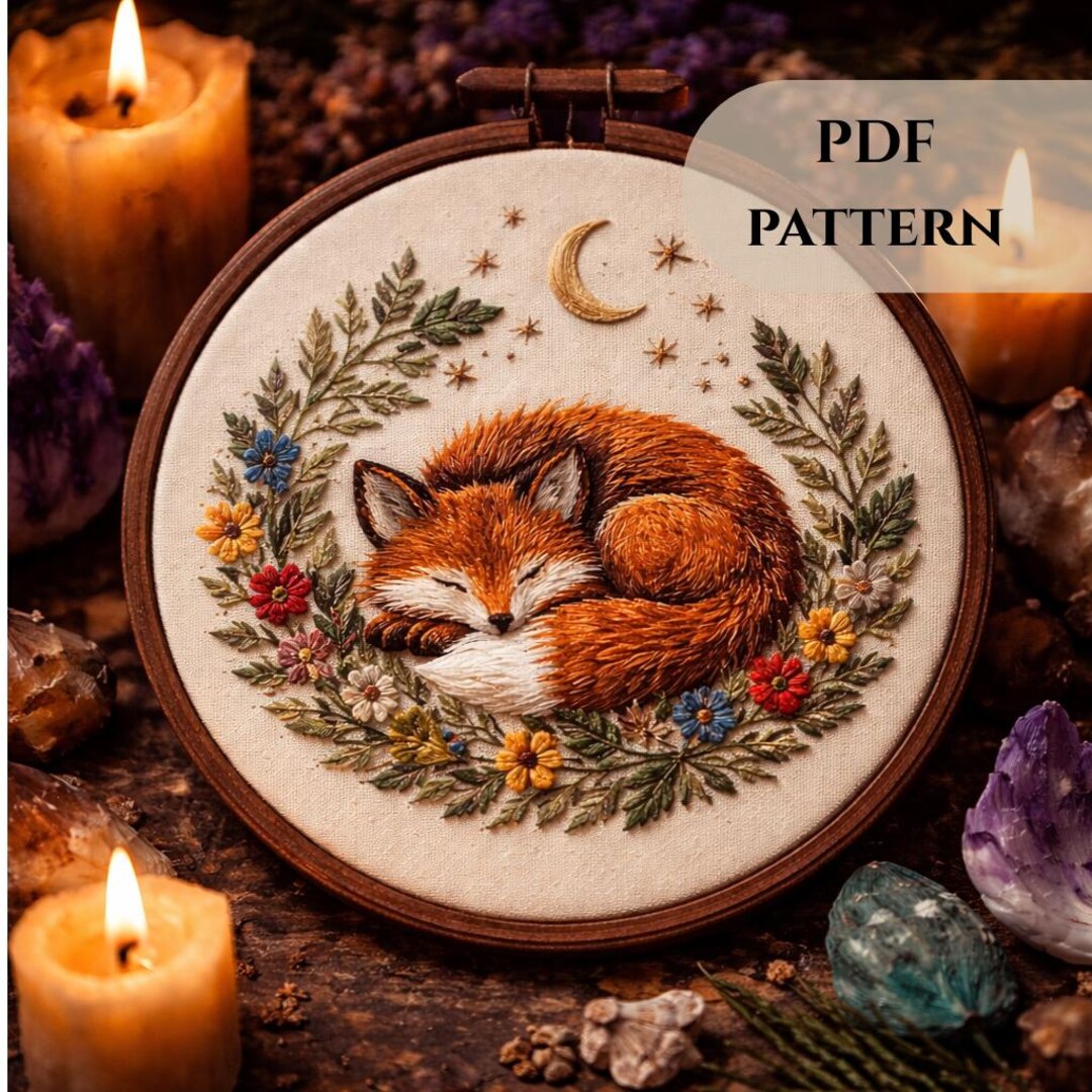 Sleeping Fox Embroidery PDF Pattern – Whimsical Woodland Night Design ...