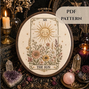 Floral Sun Tarot Embroidery Pattern PDF | Beginner Friendly Boho Celestial Design | DMC Thread Guide Included
