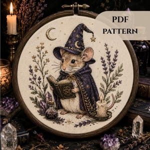 Op de afbeelding: Een borduurring met een stoffen paneel waarop een geborduurde muis met een paarse tovenaarshoed en mantel staat, lezend in een boek met een pentagram. Het ontwerp bevat een maansikkel, sterren, lavendeltakjes, een flesje en een kaars.