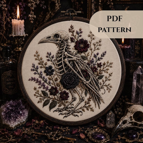 Skeleton Raven Embroidery Pattern PDF | Gothic Floral Bird Hand Embroidery Design
