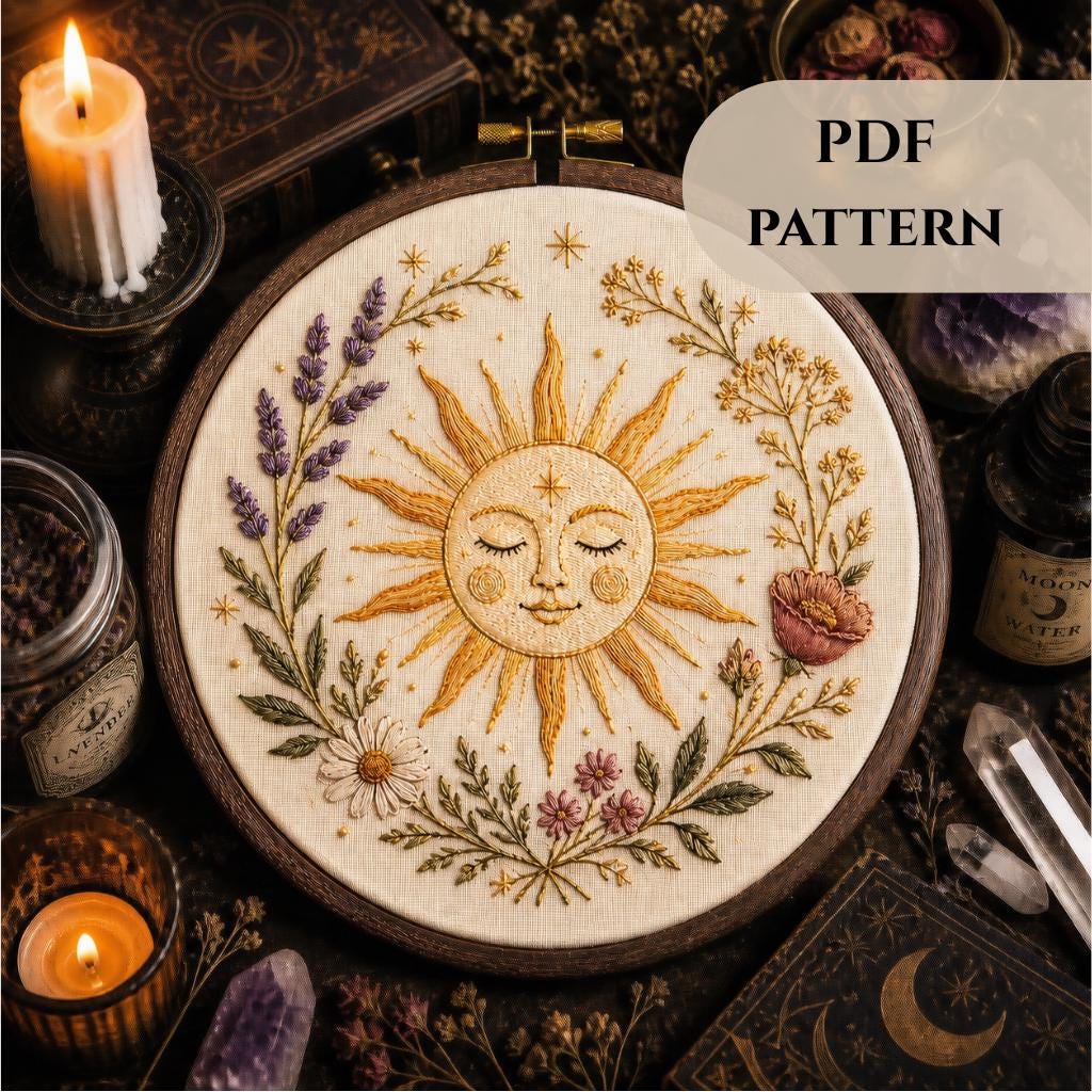 Embroidered Sun Pattern Celestial Sun Embroidery Pattern PDF | Floral Sun Face Hand Embroidery ...