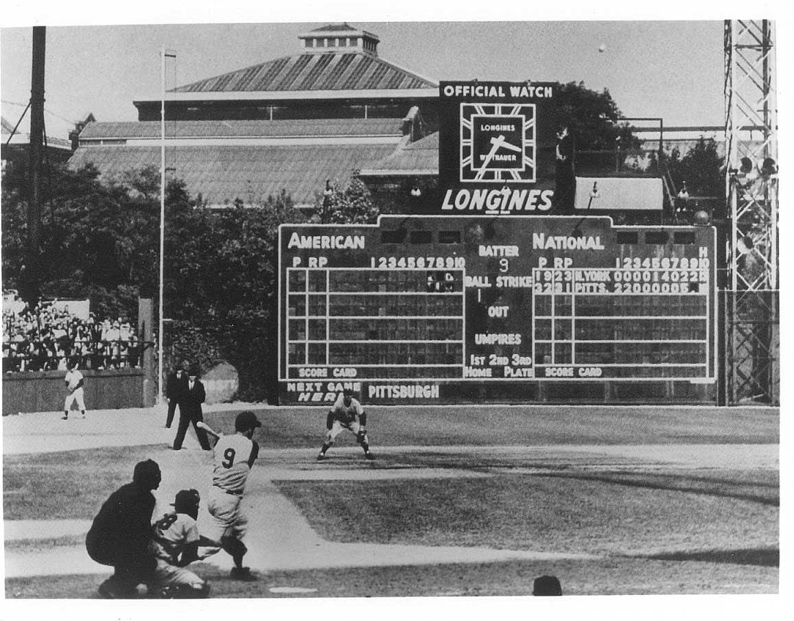 B&W,FORBES FIELD,SCOREBOARD,CLOCK,LIGHT TOWER & CATHEDRAL~OAKLAND,PITTSBURGH,PA 