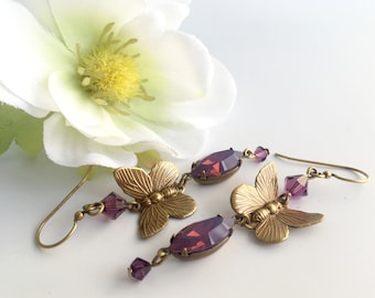 Gold Butterfly Purple Opal Earrings