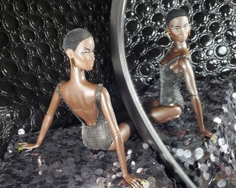 Handmade Sparkle Bodysuit: Metallic Low-Cut Doll Fashion