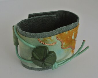 Hand Crafted and Painted Cuff Bracelet with Leather backing and Vintage 1940s Button. Green