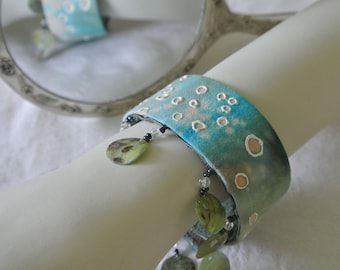 Hand Crafted and Painted Leather Cuff with Mother of Pearl Shell accent Fringe, Blue, Gift