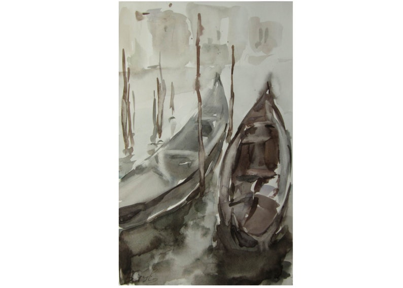 Gondolas venetian landscape original watercolor image 1