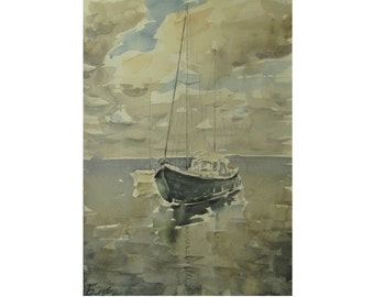 Yachts and clouds - Baltic seascape - original watercolor