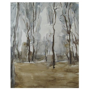 Autumn. Landscape with trees original watercolor image 1