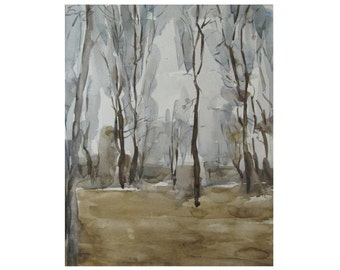 Autumn. Landscape with trees - original watercolor