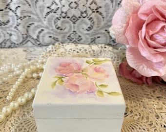 Hand Painted Wooden Keepsake Box: Shabby Chic Pink Roses (3x3x2)