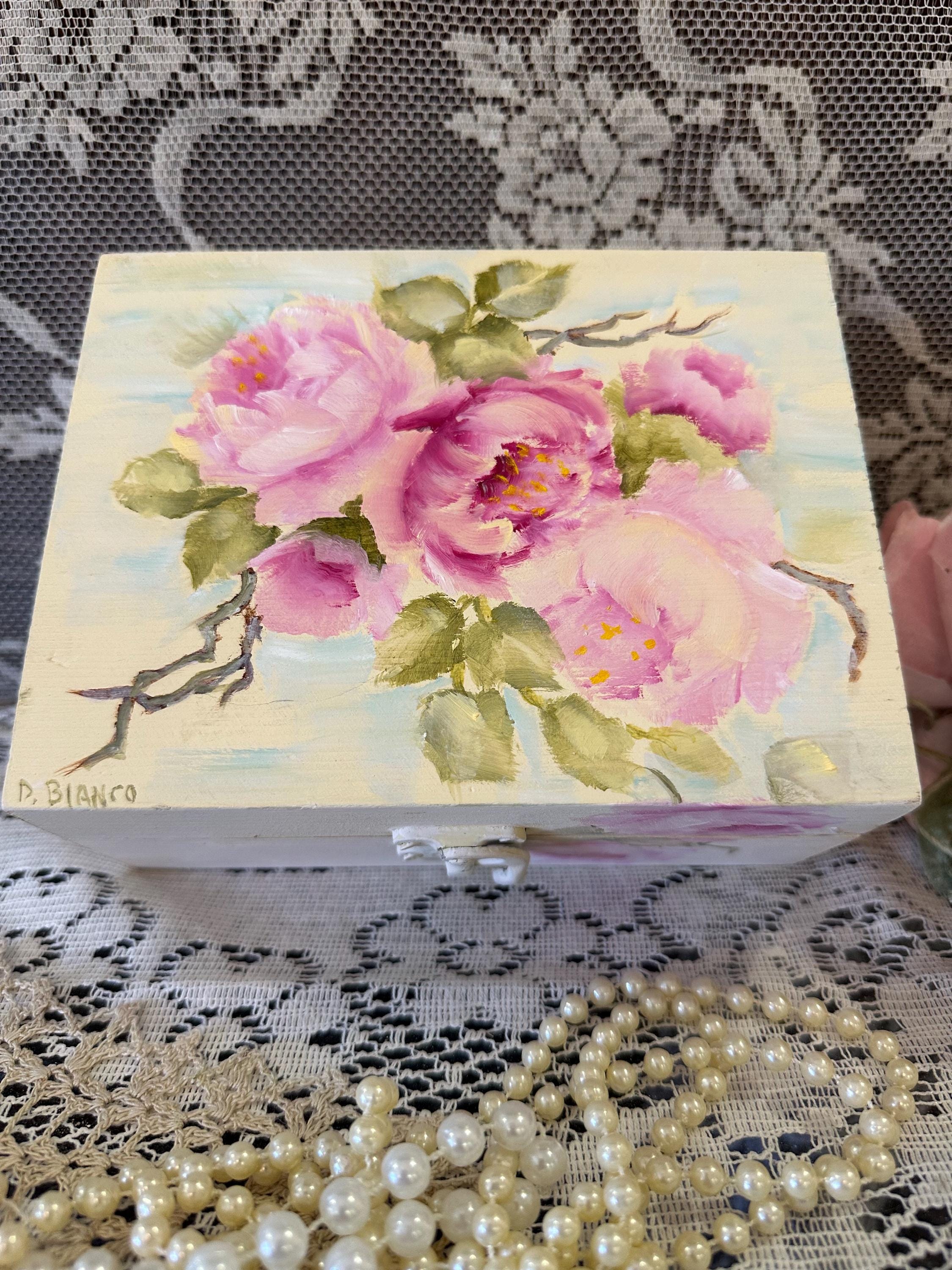 Hand-painted Pink Roses Wooden Trinket Box, Shabby Vintage Jewelry ...