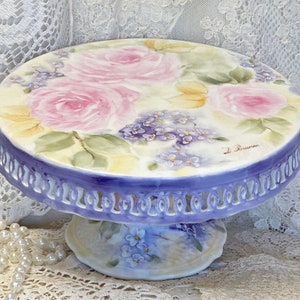 Handpainted porcelain decorative cake plate stand roses violets antique shabby vintage style