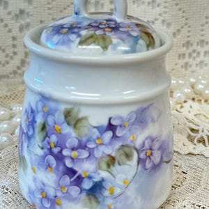 Hand Painted Porcelain Jar with Lid, Purple Violets, Signed