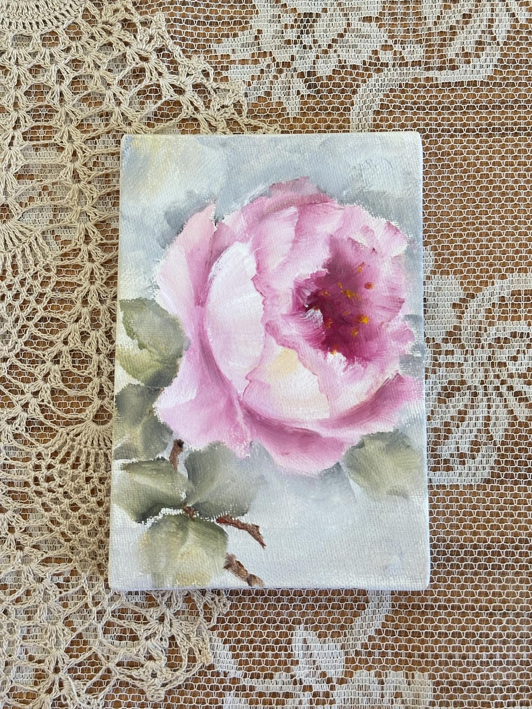 Hand Painted Single Pink Rose, Shabby Vintage Style, Oil, 4 X 6 Canvas ...