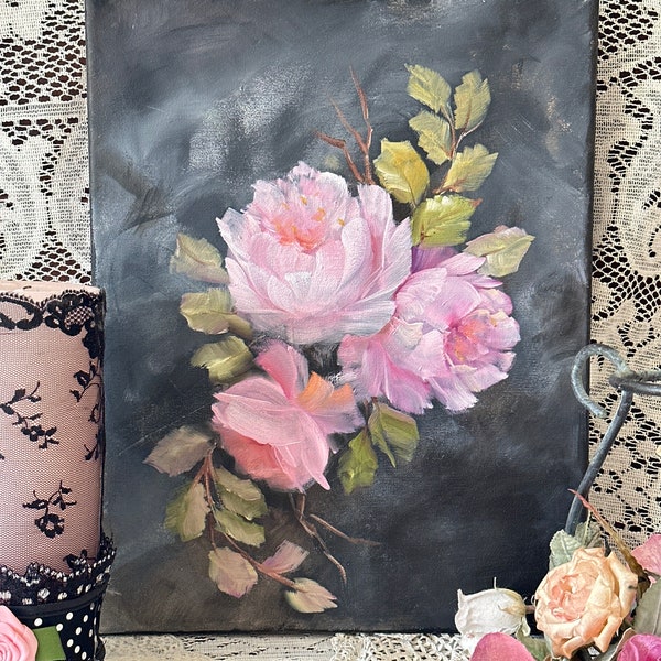 Dramatic pink roses in oil on black canvas 11 x 14 original by D Bianco