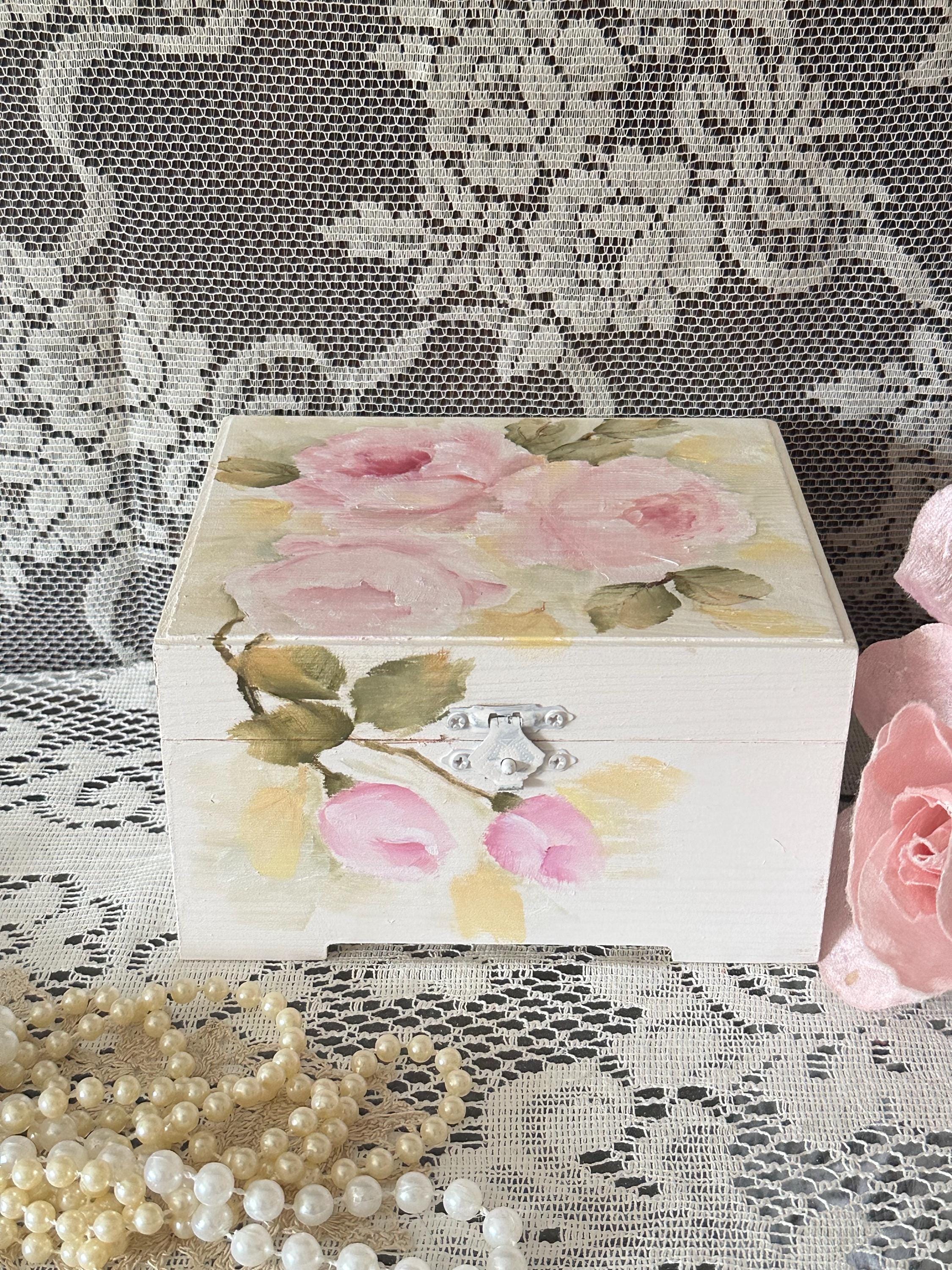 Hand-painted Pink Roses Wooden Trinket Box, Shabby Vintage Jewelry ...