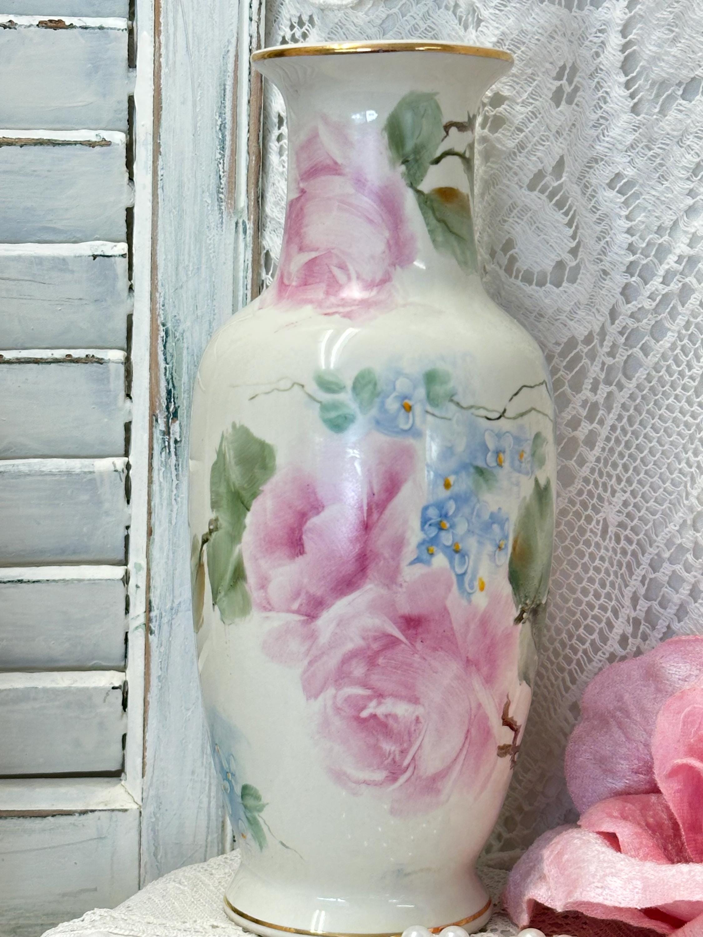 Hand-painted Porcelain Vase: Shabby Chic Pink Roses, Violets (8.25 In ...