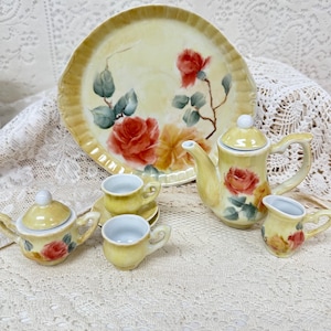 Child’s, dolls,toy,girls porcelain handpainted, tea-/coffee set signed vintage antique inspired 10 pieces gift washable