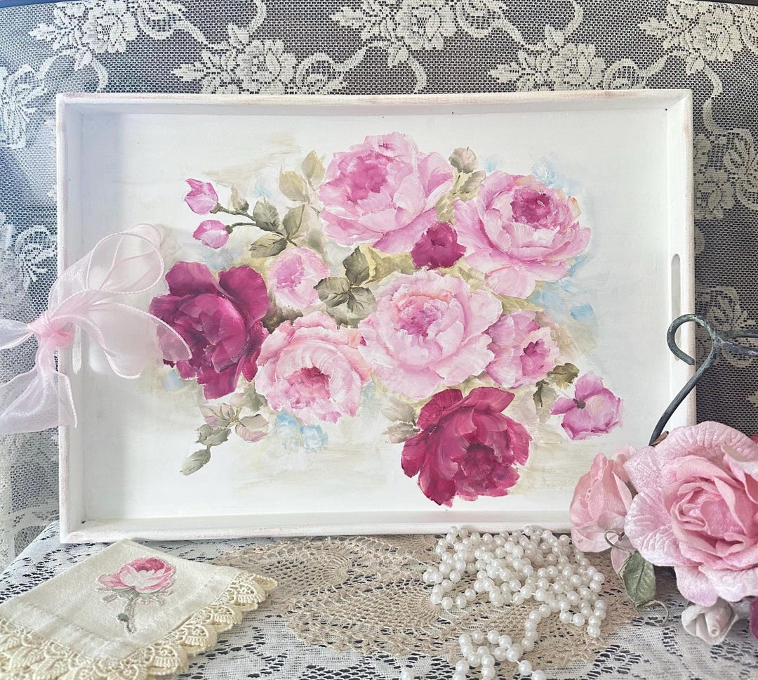 Hand Painted Pink Roses Wooden Tray, Shabby Chic Serving Decor, Vintage ...