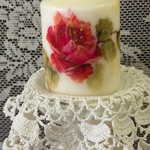 Hand-Painted Red Rose Pillar Candle: Shabby Chic Wedding Decor