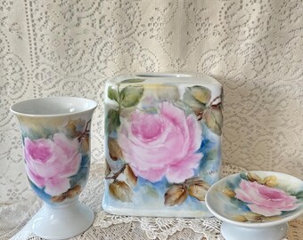 Handpainted, porcelain 3 piece bathroom, set tissue holder, soap, dish and tumbler