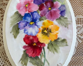 Hand Painted Pansy Bouquet: Signed Oil on Beveled Wood (5x7)