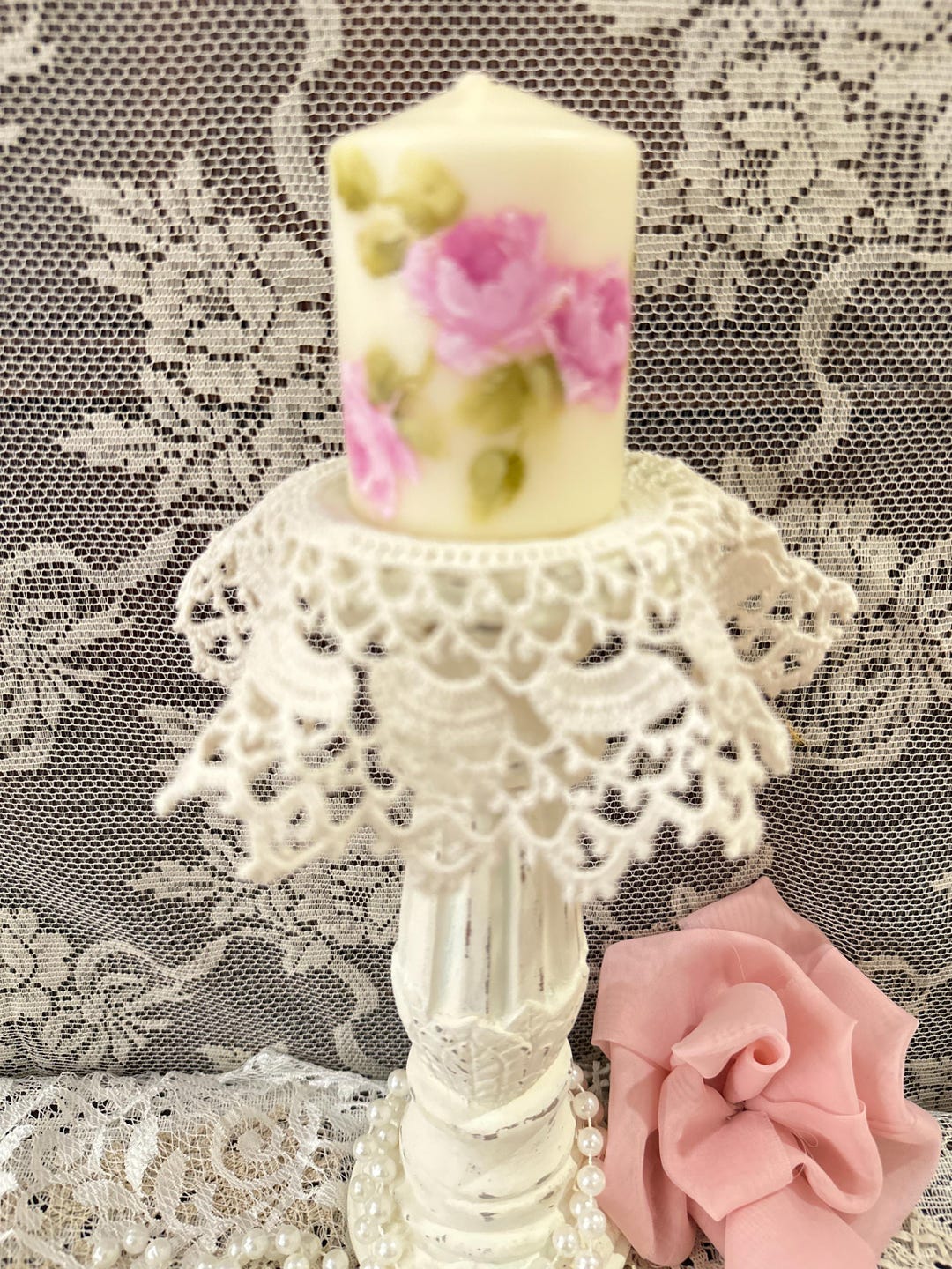 Hand-painted Pillar Candle: Pink Rose Shabby Chic Wedding Decor - Etsy
