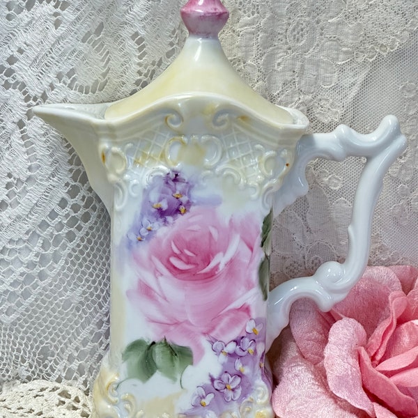 Handpainted, porcelain coffee/tea pitcher pink roses violets