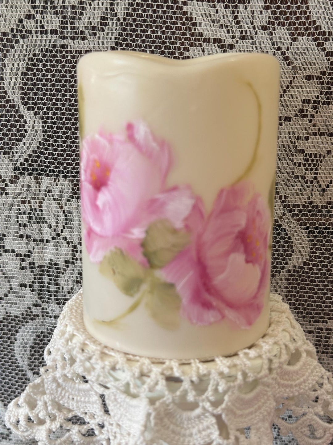Hand-painted Flameless Pillar Candle: Pink Roses Shabby Chic Wedding ...