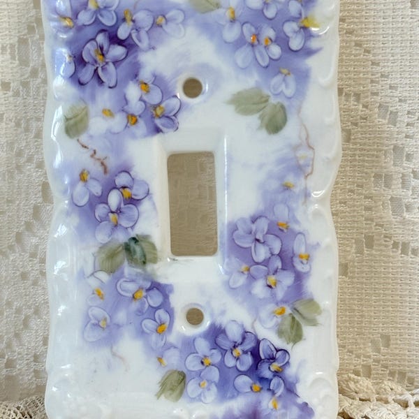 Hand-Painted Purple Violet Porcelain Light Switch Cover - Vintage French Country Decor