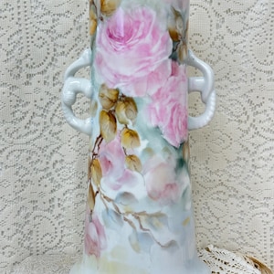 Hand painted porcelain vase shabby vintage inspired  Pink roses 13in Gift for Rose lover, wedding birthday gift home decor
