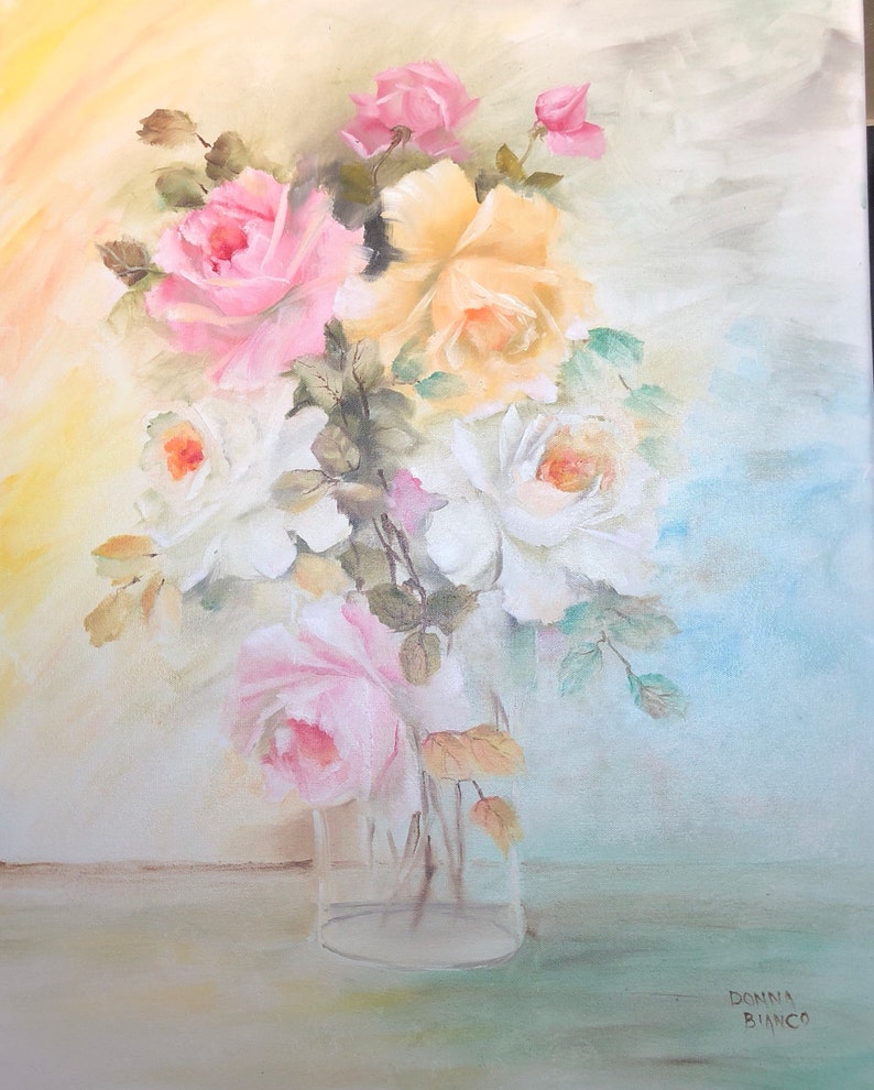 Bouquet Of Yellow Pink White Roses In A Glass Vase Handpainted Etsy