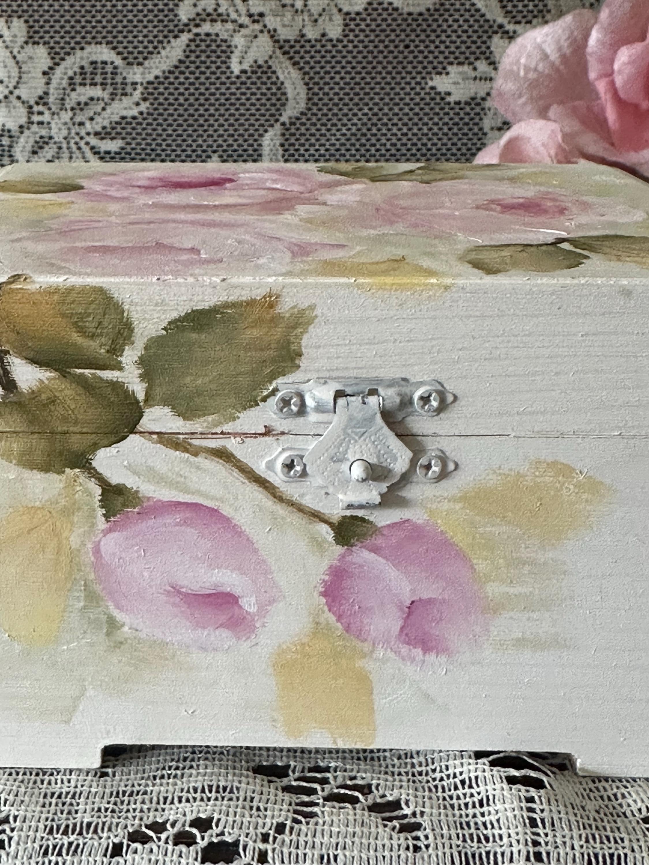 Hand-painted Pink Roses Wooden Trinket Box, Shabby Vintage Jewelry ...