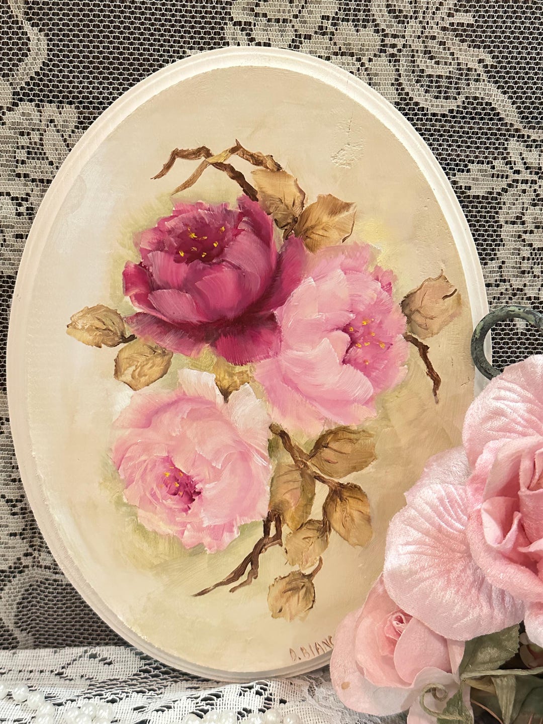 Hand Painted Pink Roses Wood Wall Decor, Shabby Chic Art (9x11.5 Oval ...