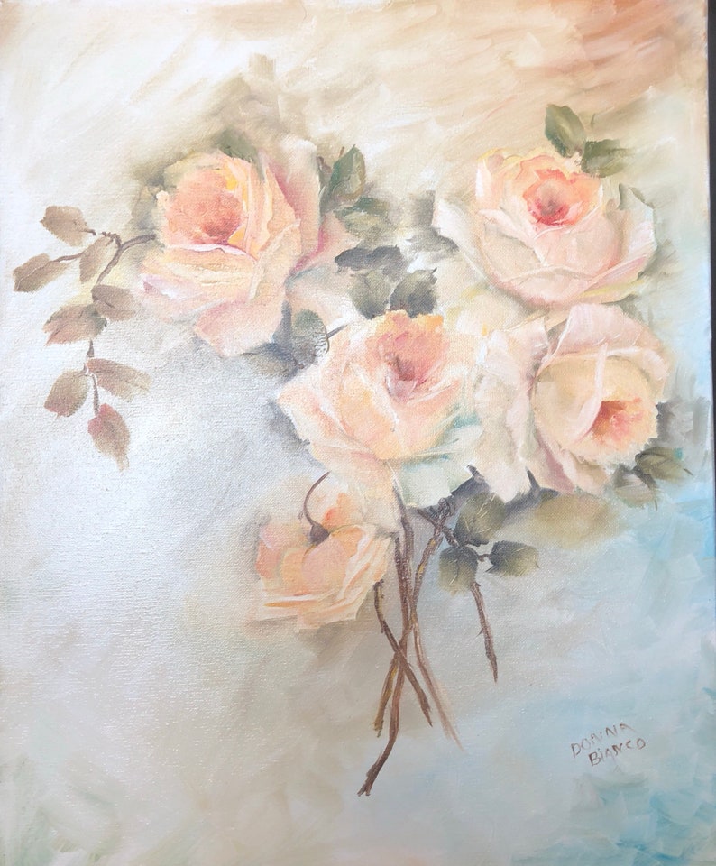 Hand painted yellow roses in oil a 16 x 20 canvas signed unframed