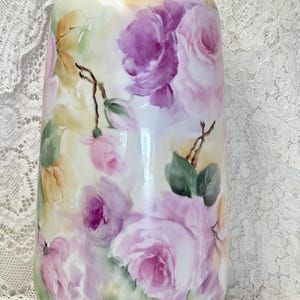 Romantic shabby vintage style porcelain vase hand-painted with Pink and cranberry roses, 13.5 inch Rose lover, wedding birthday gift