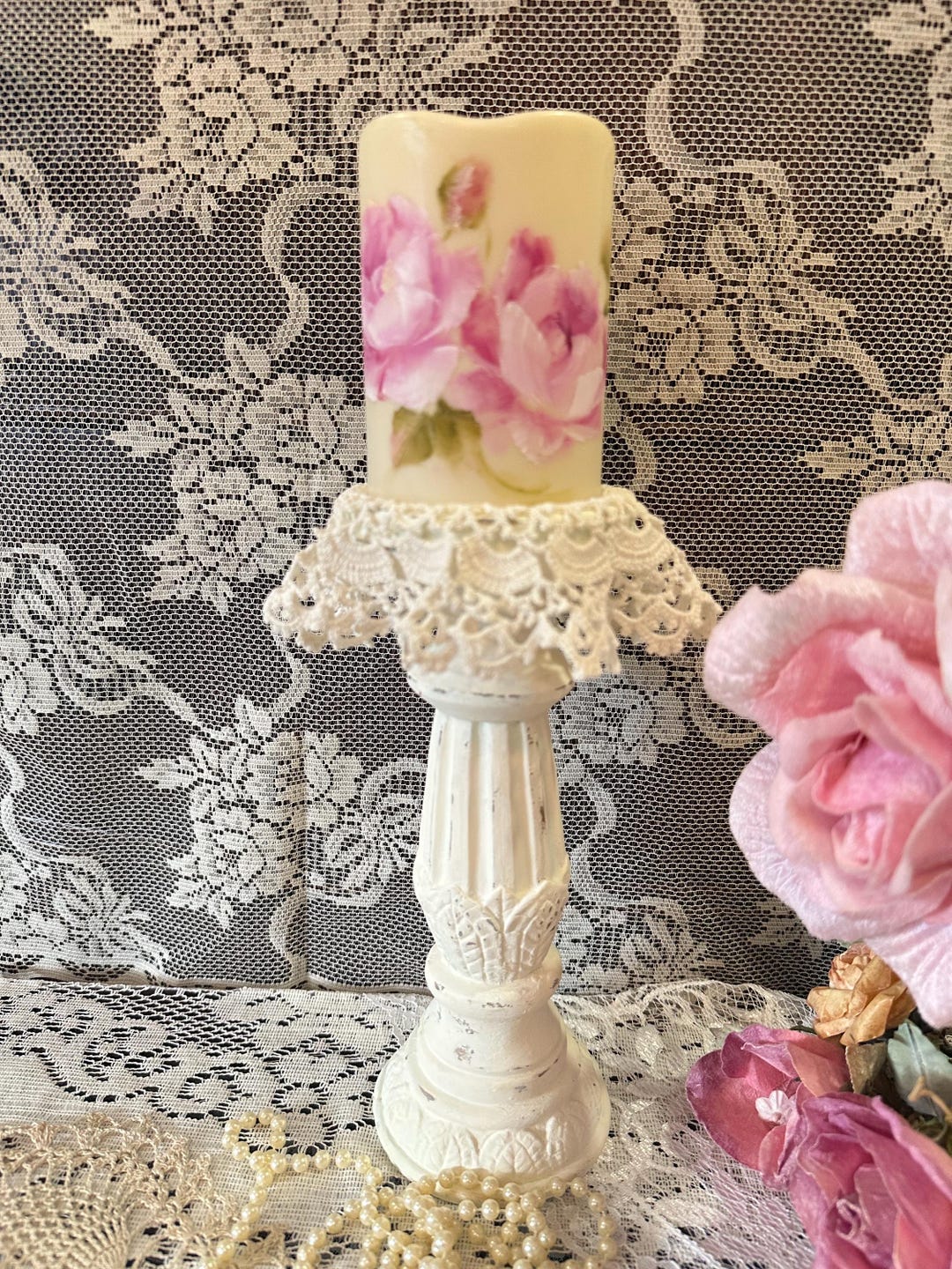 Hand-painted Flameless Pillar Candle: Pink Roses Shabby Chic Wedding ...