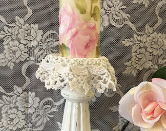 One Shabby Chic CREAMY White 5.5 PILLAR Candle Hand Painted Pink Roses ...