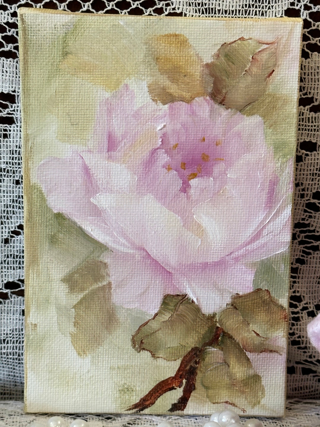 Hand Painted Pink, Single Rose in Oil on a 4 X 6 Canvas Signed Shabby ...