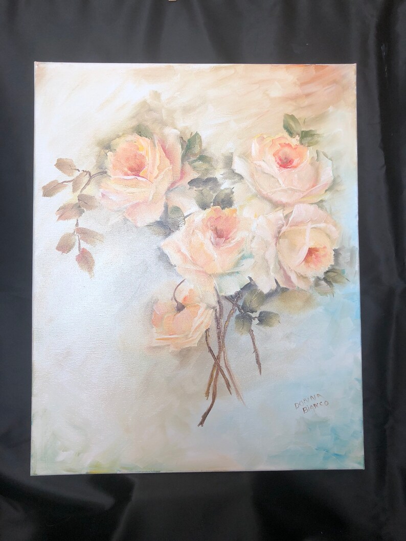 Hand painted yellow roses in oil a 16 x 20 canvas signed unframed