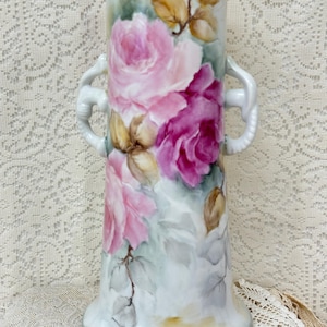 Romantic shabby vintage style porcelain vase hand-painted with Pink and cranberry roses, 13 inch Rose lover, wedding birthday gift