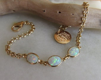 Opal Bracelet in Gold, October Birthstone Gift, White Opal Jewelry, Wedding Jewelry for Brides, Bridesmaid Bracelet Gift, Bezel Set Opals