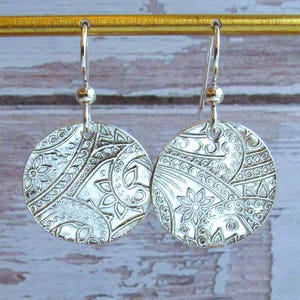 Bohemian Silver Lotus Flower Earrings, Mandala Pattern Dangle Earrings, Handmade Silver Embossed Earrings, Lightweight Boho Earrings for Her