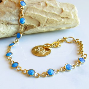 Blue Opal and Gold Bracelet, Personalized Dainty Blue Bracelet, 4mm Lab Opal Bracelet in Gold, Jewelry Gifts for Mom, Friendship Bracelet