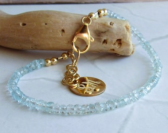 Aquamarine and Gold Bracelet, Jewelry Gifts for March Birthstone, Friendship Beaded Bracelet, Dainty Stacking Bracelet, Gifts for Wife