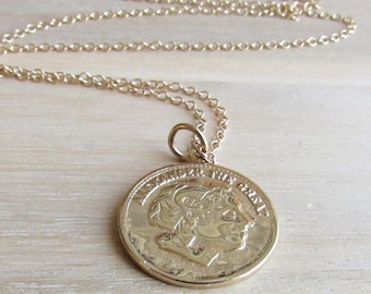 Gold or Silver Coin Necklace, Medallion Necklace, Ancient Greek Coin Necklace, Vintage Style Coin, Round Pendant Necklace, Everyday Jewelry