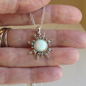 Sterling Silver White Lab Opal Sun Pendant Necklace, Small Sunburst Yoga Necklace, October Birthstone Jewelry, Celestial Gemstone Necklace