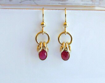 Ruby and Gold Filled Drop Earrings, Tiny Birthstone Earrings, July Birthday Month, Gifts for Mom, Mother's Day Gift Ideas, Dainty Earrings