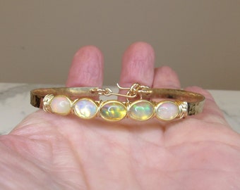 Ethiopian Opal Gold Filled Bangle Bracelet, Personalized Bridal Bracelet in Gold, Adjustable Gemstone Bangle Bracelet, Hammered Bracelet
